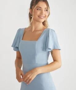 Sale Six Stories Square Neck Flutter Sleeve Crepe Bridesmaid Dress - Pale Blue