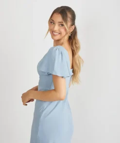 Sale Six Stories Square Neck Flutter Sleeve Crepe Bridesmaid Dress - Pale Blue
