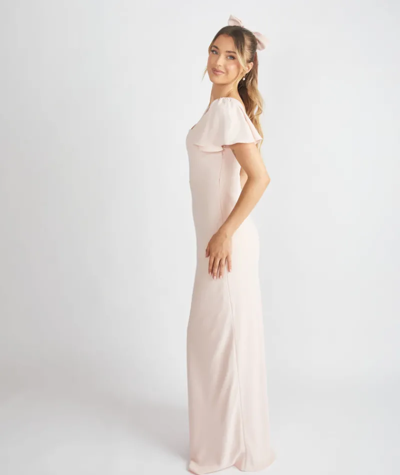 Online Six Stories Square Neck Flutter Sleeve Crepe Bridesmaid Dress - Blush