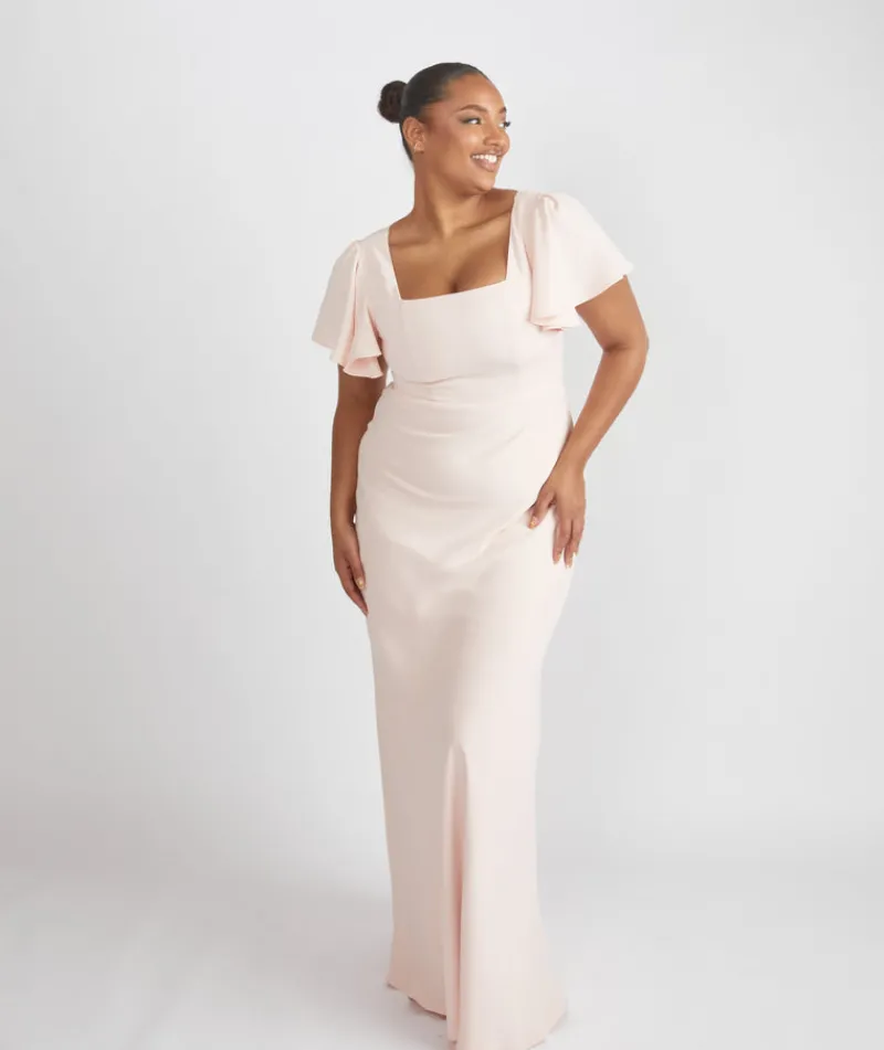 Online Six Stories Square Neck Flutter Sleeve Crepe Bridesmaid Dress - Blush