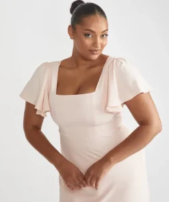 Online Six Stories Square Neck Flutter Sleeve Crepe Bridesmaid Dress - Blush