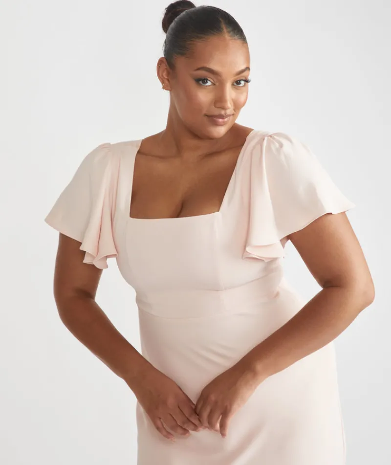 Online Six Stories Square Neck Flutter Sleeve Crepe Bridesmaid Dress - Blush