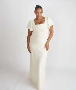 New Six Stories Square Neck Flutter Sleeve Crepe Bridesmaid Dress - Almond