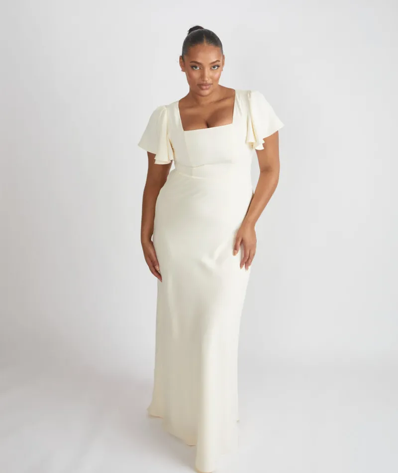 New Six Stories Square Neck Flutter Sleeve Crepe Bridesmaid Dress - Almond