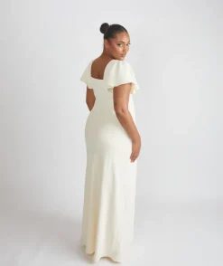 New Six Stories Square Neck Flutter Sleeve Crepe Bridesmaid Dress - Almond