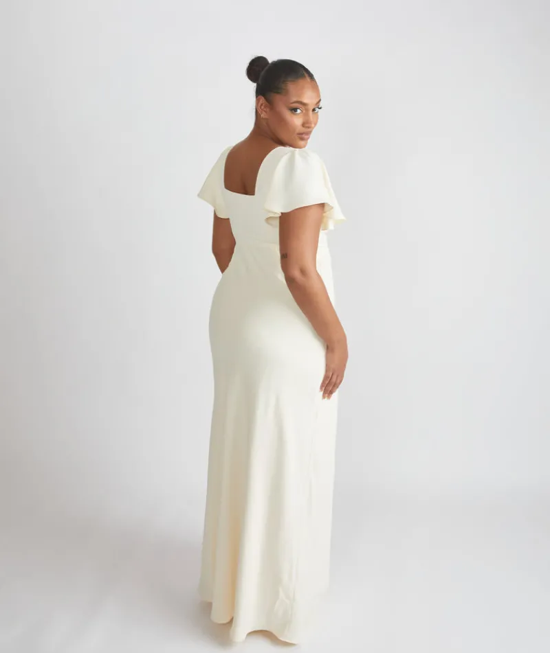 New Six Stories Square Neck Flutter Sleeve Crepe Bridesmaid Dress - Almond
