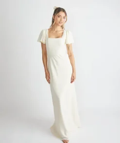 New Six Stories Square Neck Flutter Sleeve Crepe Bridesmaid Dress - Almond