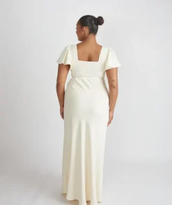 New Six Stories Square Neck Flutter Sleeve Crepe Bridesmaid Dress - Almond