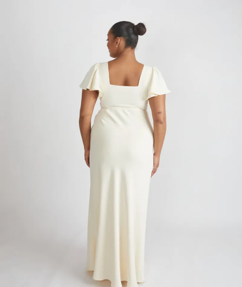 New Six Stories Square Neck Flutter Sleeve Crepe Bridesmaid Dress - Almond
