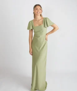 Sale Six Stories Square Neck Flutter Sleeve Crepe Bridesmaid Dress - Sage