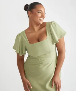 Sale Six Stories Square Neck Flutter Sleeve Crepe Bridesmaid Dress - Sage