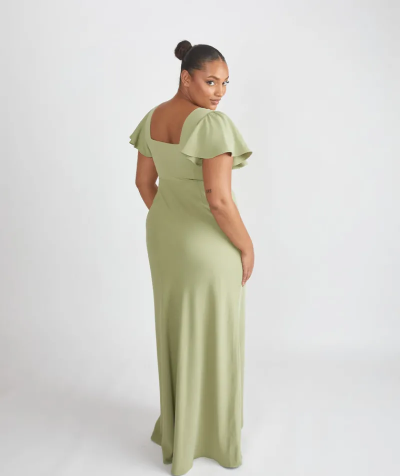 Sale Six Stories Square Neck Flutter Sleeve Crepe Bridesmaid Dress - Sage