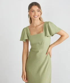Sale Six Stories Square Neck Flutter Sleeve Crepe Bridesmaid Dress - Sage