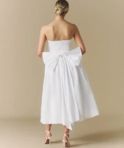 Online Six Stories Strapless Bow Back Pleated Midi Dress - White