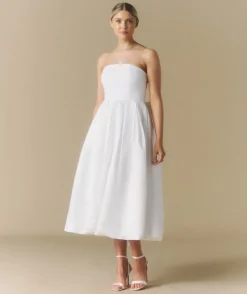 Online Six Stories Strapless Bow Back Pleated Midi Dress - White