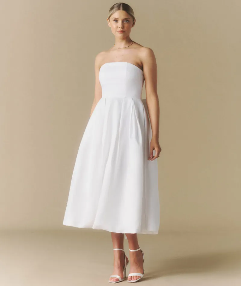 Online Six Stories Strapless Bow Back Pleated Midi Dress - White