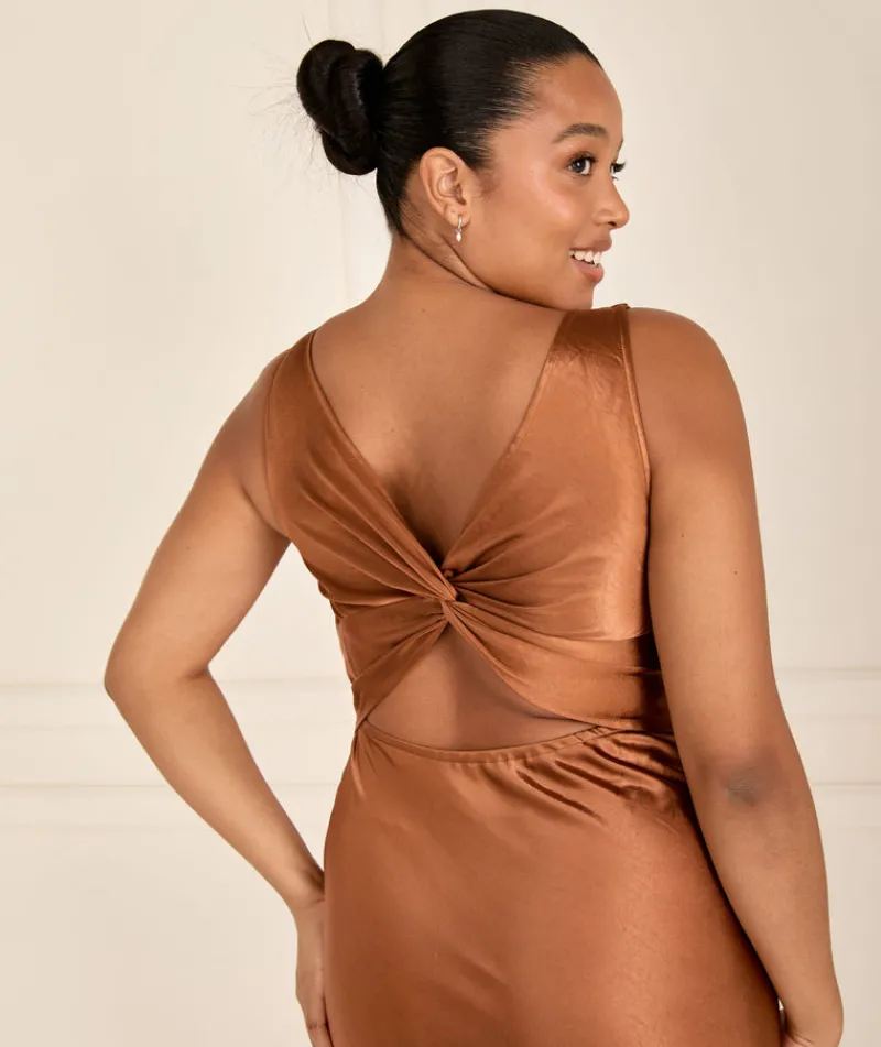 Outlet Six Stories Twist Back Satin Bridesmaid Dress - Rust