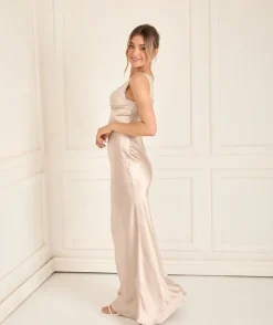 Online Six Stories Twist Back Satin Bridesmaid Dress - Oyster