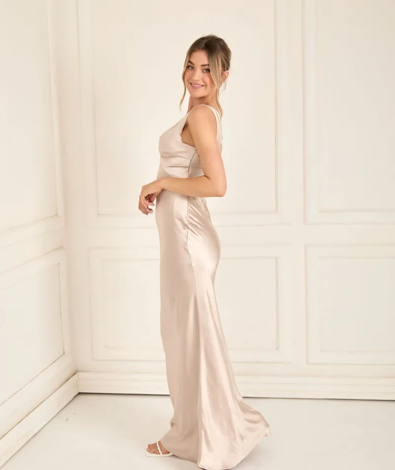 Online Six Stories Twist Back Satin Bridesmaid Dress - Oyster