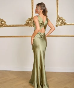 New Six Stories Twist Back Satin Bridesmaid Dress - Moss Green
