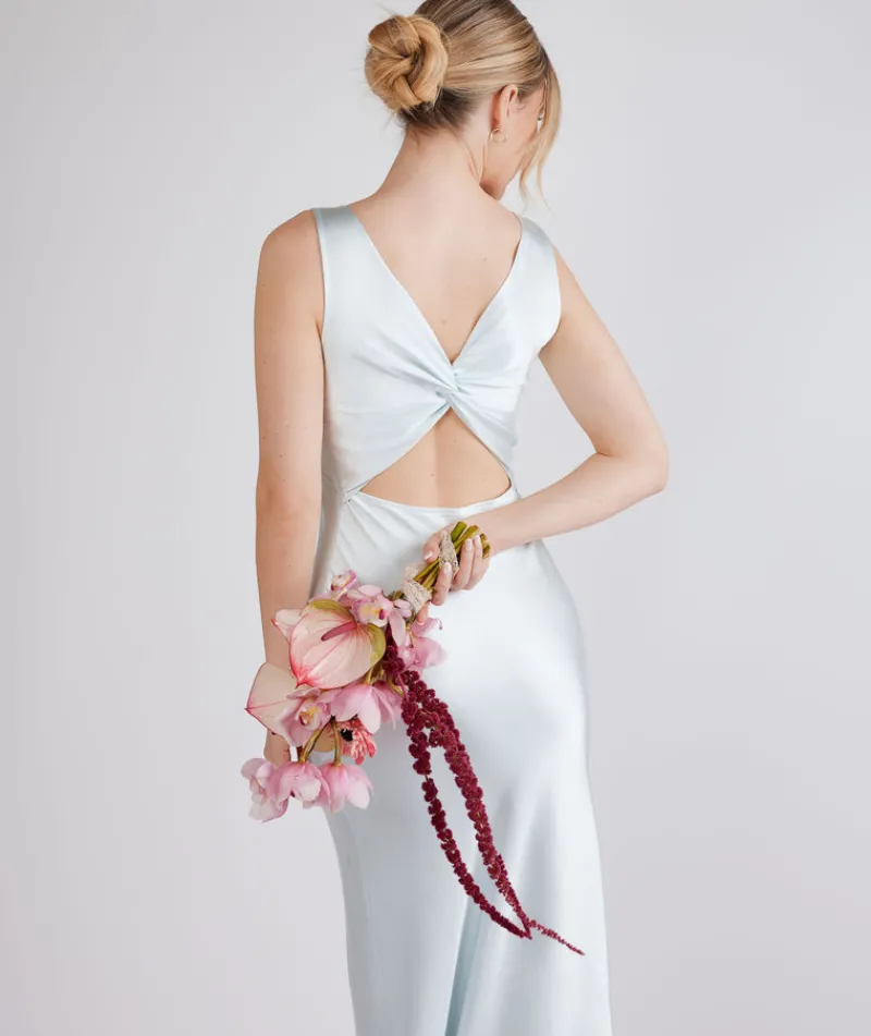 Online Six Stories Twist Back Satin Bridesmaid Dress - Ice Blue
