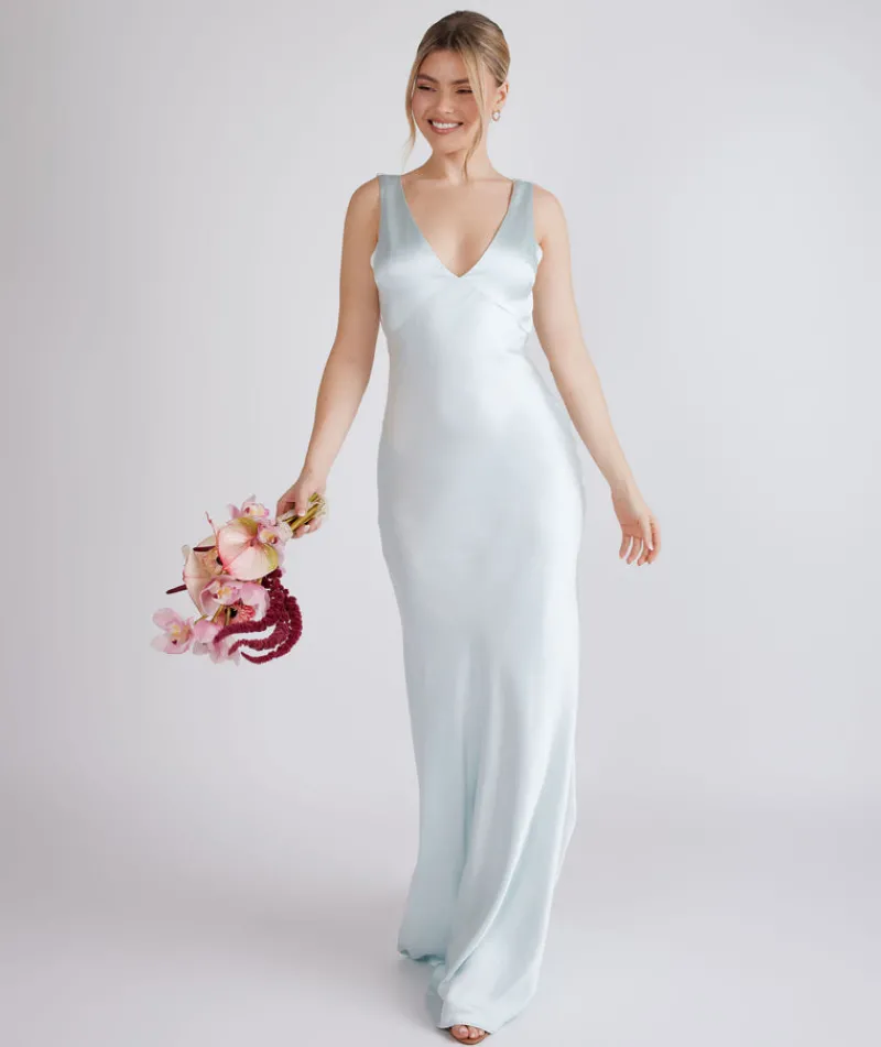 Online Six Stories Twist Back Satin Bridesmaid Dress - Ice Blue