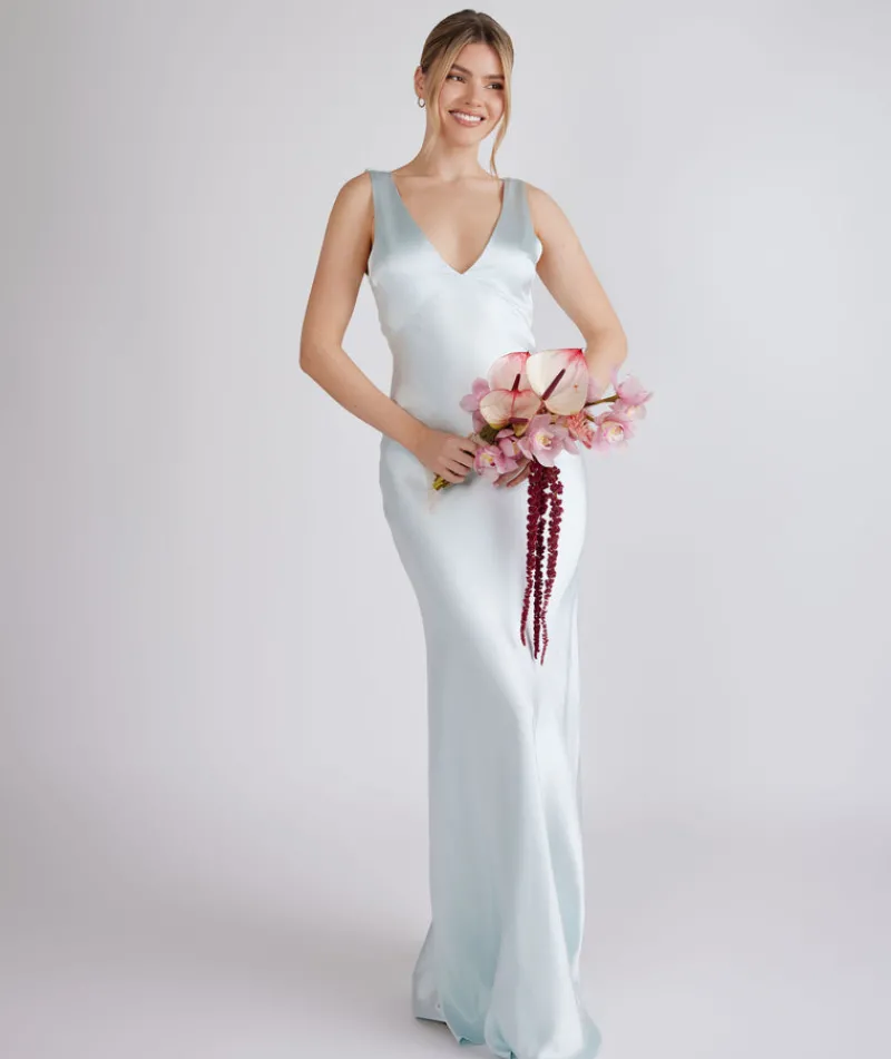 Online Six Stories Twist Back Satin Bridesmaid Dress - Ice Blue