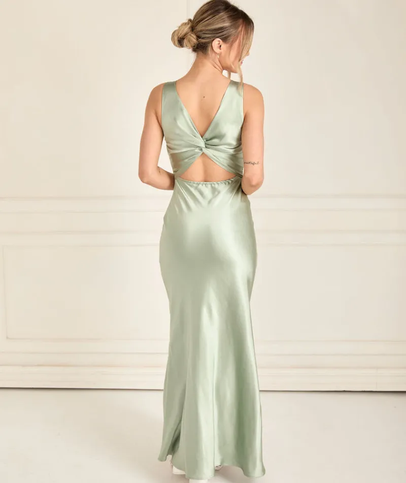 Outlet Six Stories Twist Back Satin Bridesmaid Dress - Sage