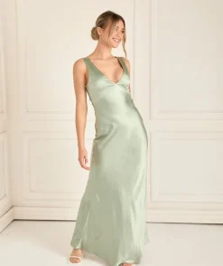 Outlet Six Stories Twist Back Satin Bridesmaid Dress - Sage
