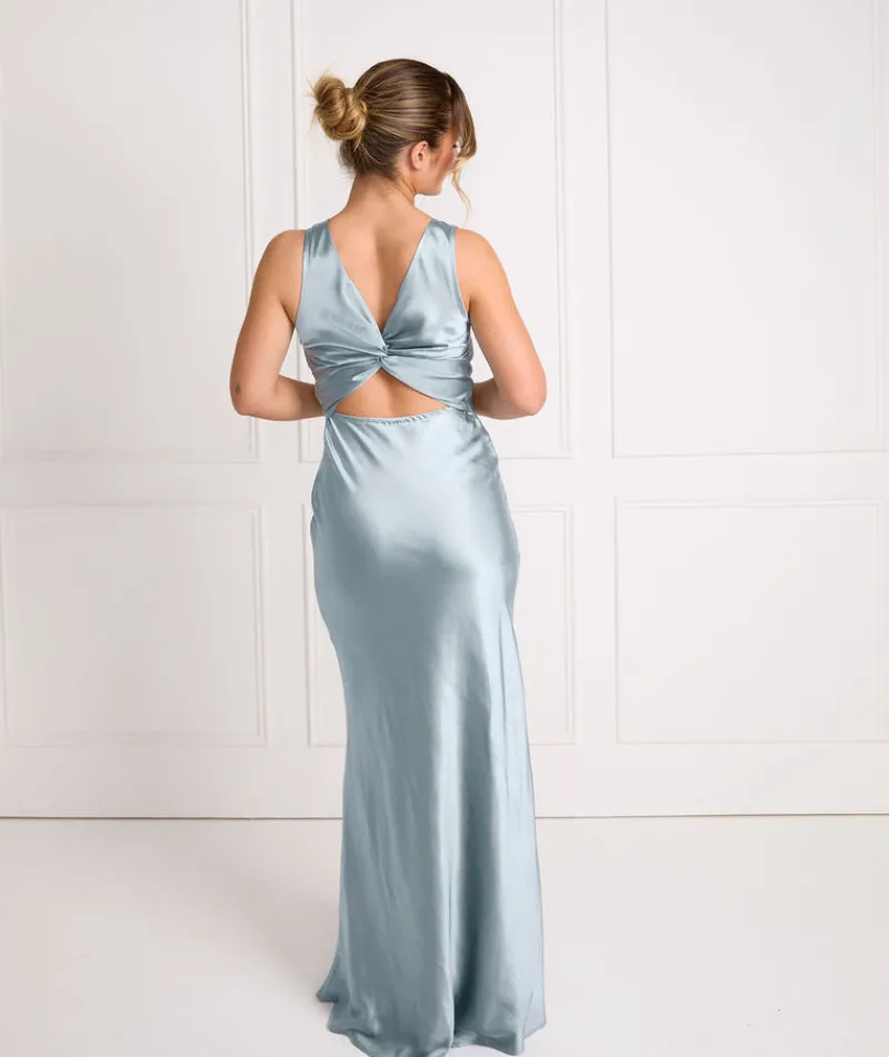Hot Six Stories Twist Back Satin Bridesmaid Dress - Dusty Blue