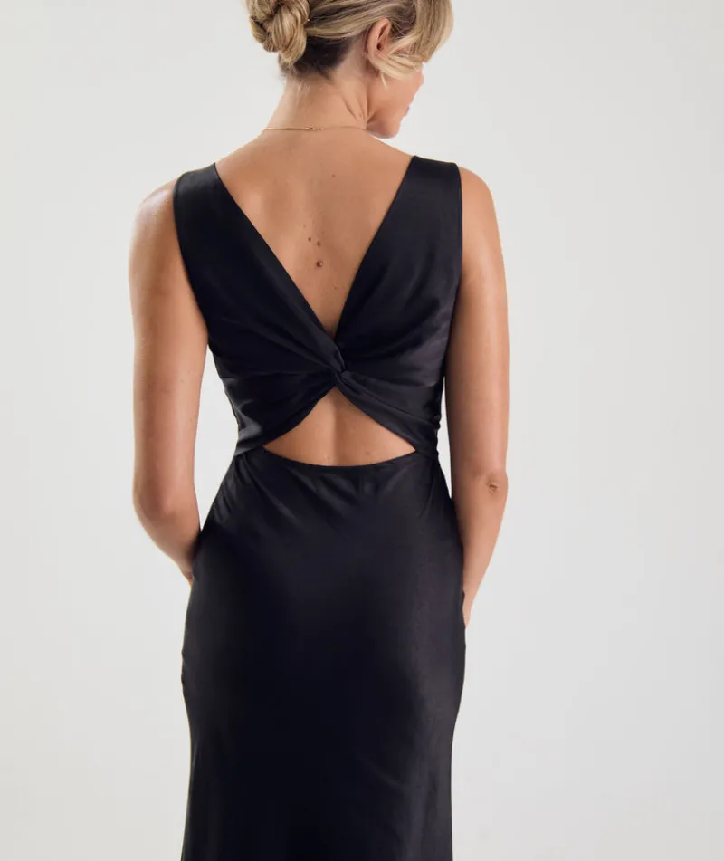 Discount Six Stories Twist Back Satin Bridesmaid Dress - Black