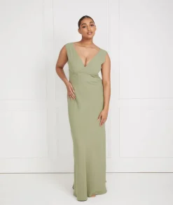 Best Six Stories V Neck Plunge Crepe Bridesmaid Dress - Sage