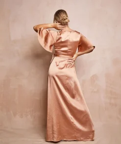 Online Six Stories Wrap Tie Satin Bridesmaid Dress - Burnt Peach