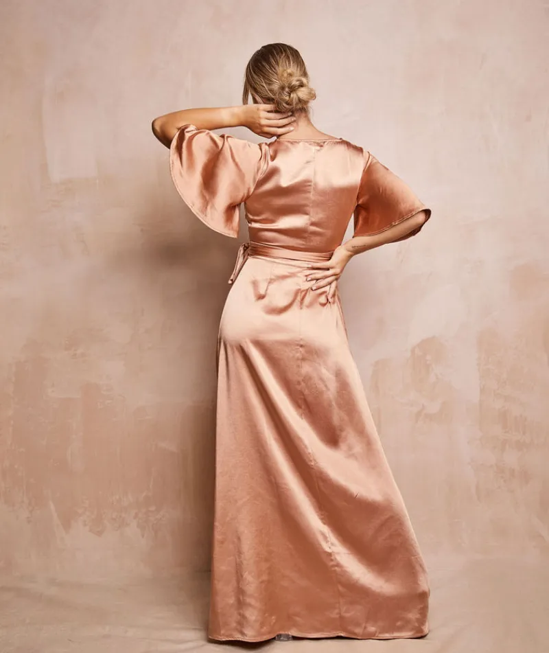 Online Six Stories Wrap Tie Satin Bridesmaid Dress - Burnt Peach