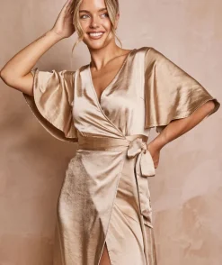 Outlet Six Stories Wrap Tie Satin Bridesmaid Dress - Champagne