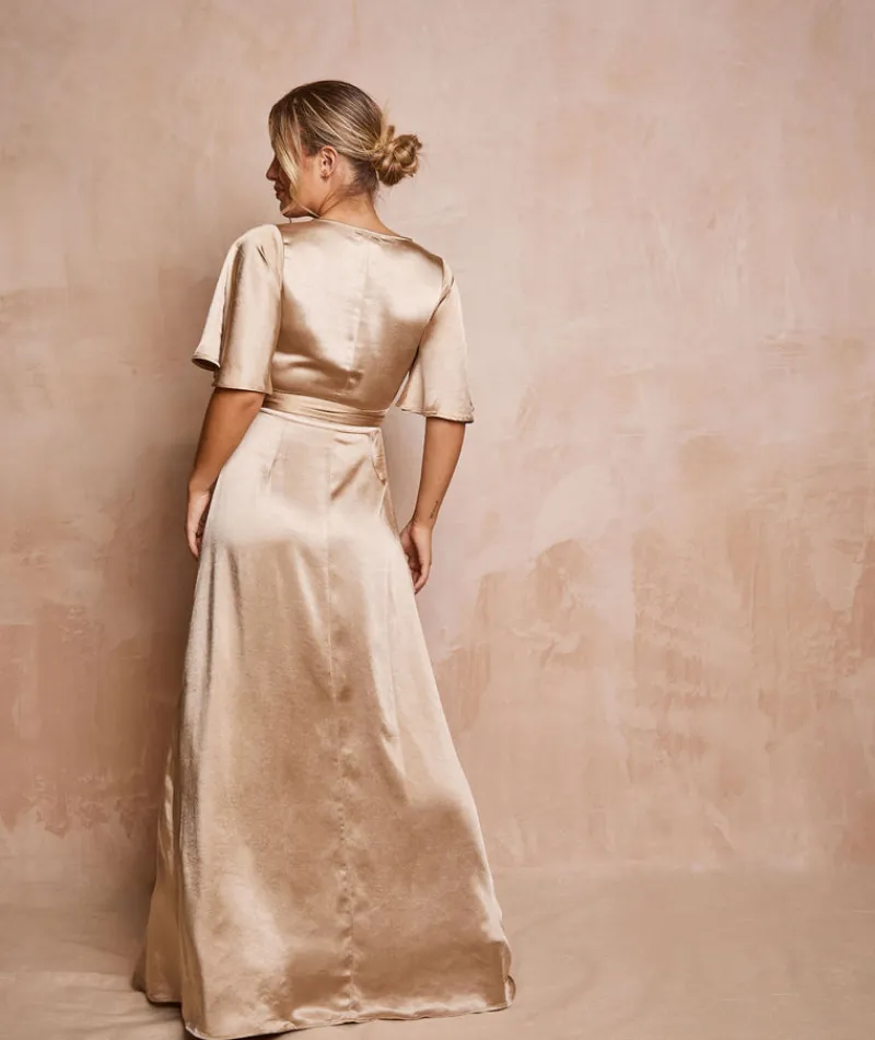 Outlet Six Stories Wrap Tie Satin Bridesmaid Dress - Champagne