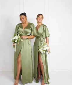 Online Six Stories Wrap Tie Satin Bridesmaid Dress - Moss Green