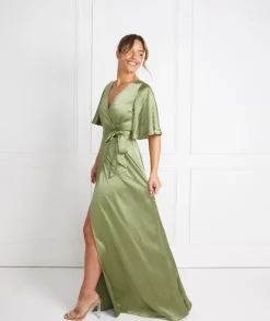 Online Six Stories Wrap Tie Satin Bridesmaid Dress - Moss Green