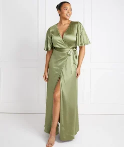 Online Six Stories Wrap Tie Satin Bridesmaid Dress - Moss Green