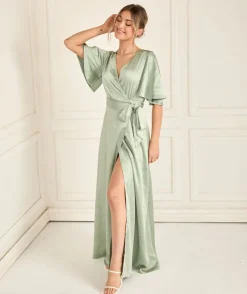 New Six Stories Wrap Tie Satin Bridesmaid Dress - Sage