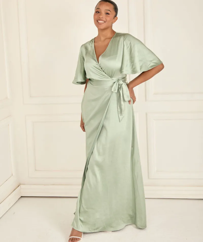 New Six Stories Wrap Tie Satin Bridesmaid Dress - Sage