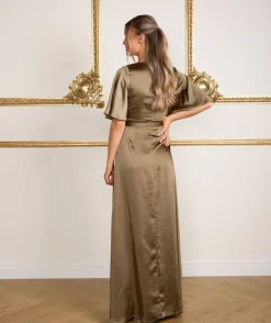 Clearance Six Stories Wrap Tie Satin Bridesmaid Dress - Olive
