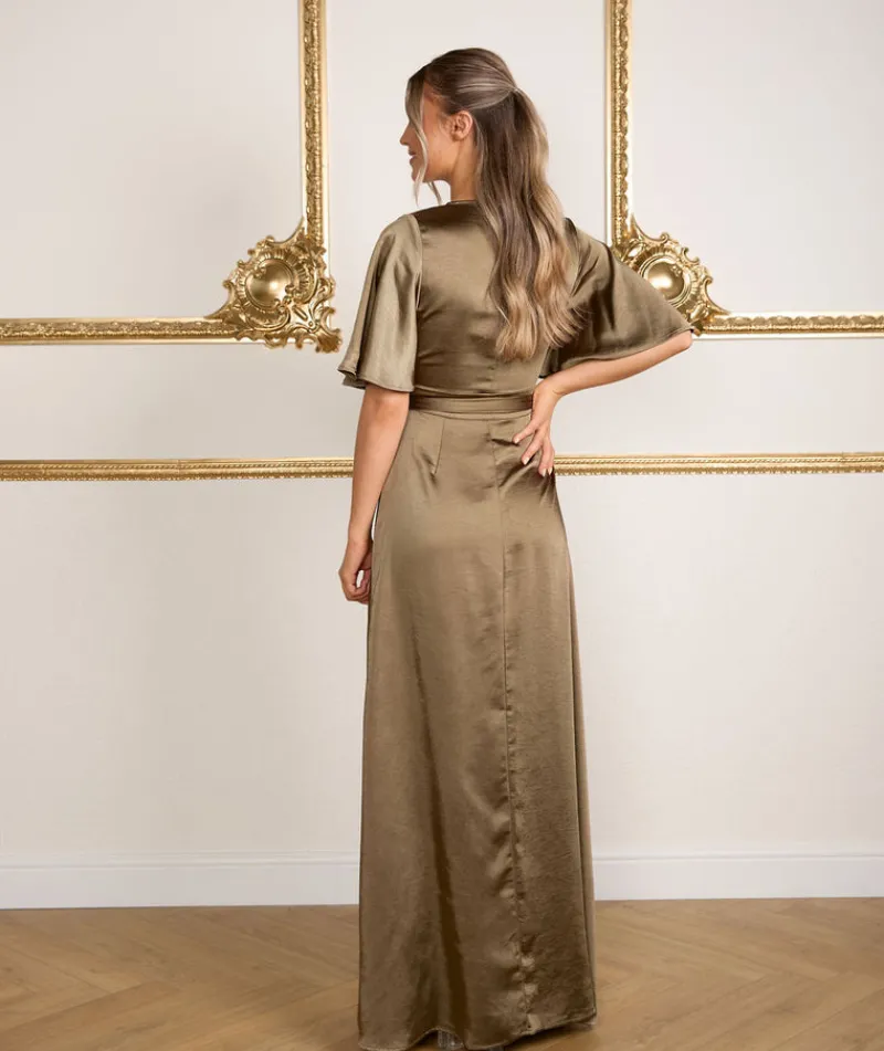 Clearance Six Stories Wrap Tie Satin Bridesmaid Dress - Olive