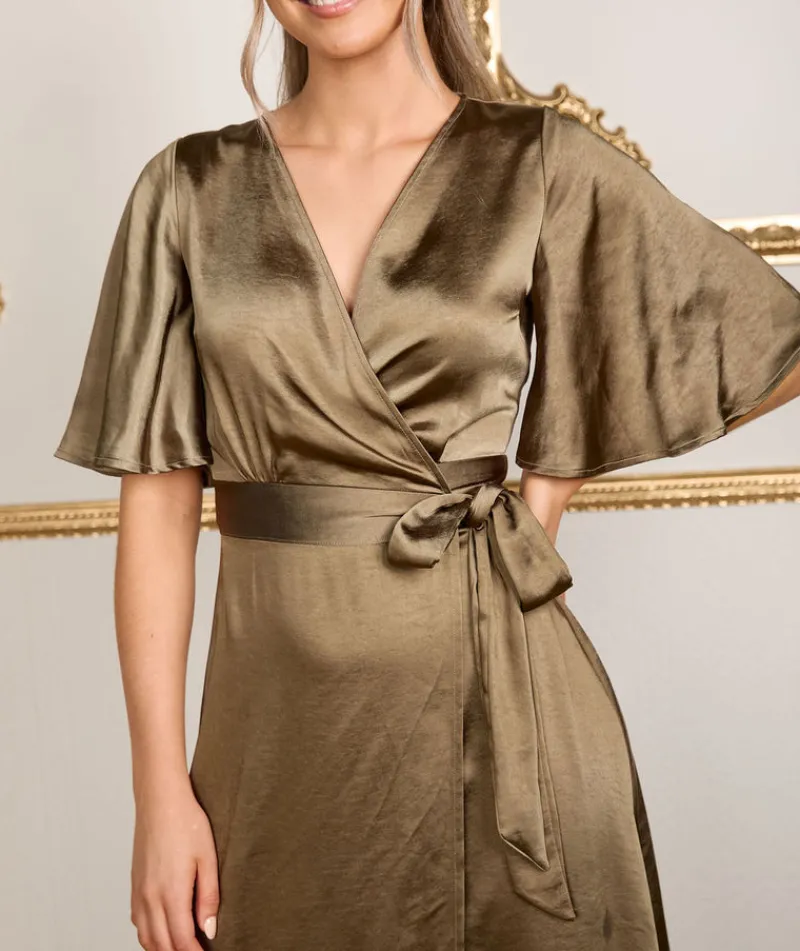 Clearance Six Stories Wrap Tie Satin Bridesmaid Dress - Olive