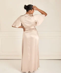 Discount Six Stories Wrap Tie Satin Bridesmaid Dress - Oyster