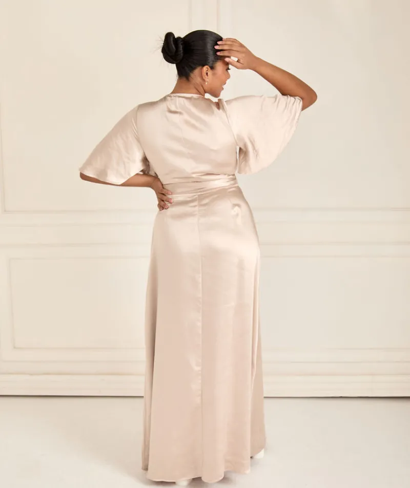 Discount Six Stories Wrap Tie Satin Bridesmaid Dress - Oyster