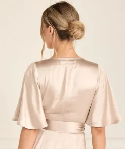 Discount Six Stories Wrap Tie Satin Bridesmaid Dress - Oyster