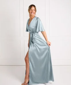 Discount Six Stories Wrap Tie Satin Bridesmaid Dress - Dusty Blue