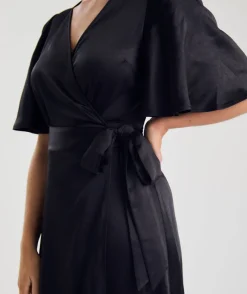 Best Six Stories Wrap Tie Satin Bridesmaid Dress - Black