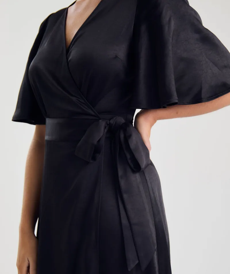 Best Six Stories Wrap Tie Satin Bridesmaid Dress - Black